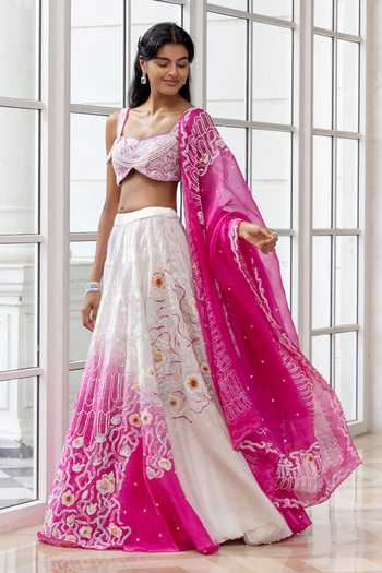 Shop_HOUSE OF ARMUSE_Pink Organza Beads, Sequins, Embroidery, Stones, Metallic Ombre Lehenga Set 
