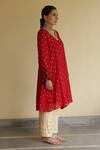 Apeksha Jain Label_Red Silk, Organza, Chanderi Embroidery V-neck, Bindiya Bandhej Kurta Pant Set _Online_at_Aza_Fashions