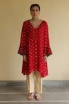 Buy_Apeksha Jain Label_Red Silk, Organza, Chanderi Embroidery V-neck, Bindiya Bandhej Kurta Pant Set _Online_at_Aza_Fashions