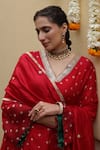 Buy_Apeksha Jain Label_Red Silk, Organza, Chanderi Embroidery V-neck, Bindiya Bandhej Kurta Pant Set _Online