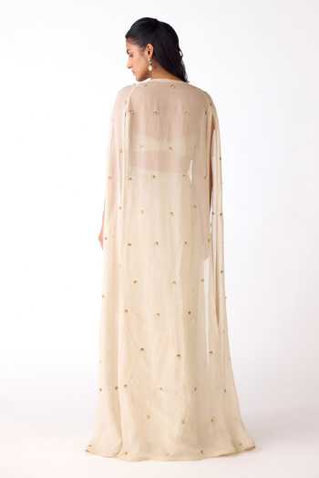Shop_Basanti Kapde aur Koffee_Ivory Organza, Viscose, Lycra Sequins, Embroidered Border Cape And Skirt Set _at_Aza_Fashions