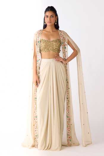 Basanti Kapde aur Koffee_Ivory Organza, Viscose, Lycra Sequins, Embroidered Border Cape And Skirt Set _Online_at_Aza_Fashions
