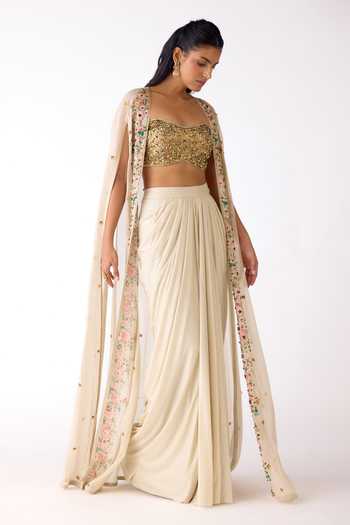 Buy_Basanti Kapde aur Koffee_Ivory Organza, Viscose, Lycra Sequins, Embroidered Border Cape And Skirt Set _Online_at_Aza_Fashions