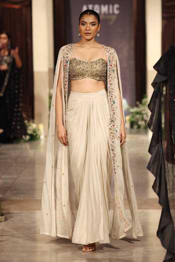 Buy_Basanti Kapde aur Koffee_Ivory Organza, Viscose, Lycra Sequins, Embroidered Border Cape And Skirt Set _at_Aza_Fashions