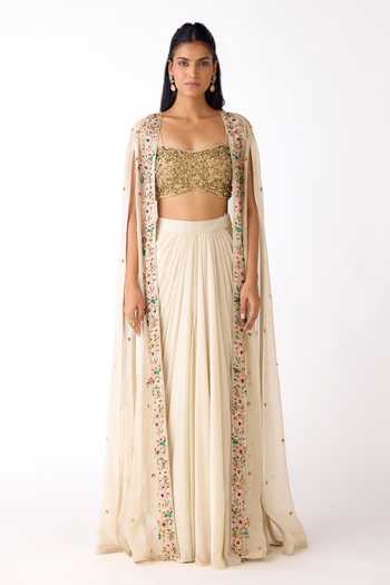 Shop_Basanti Kapde aur Koffee_Ivory Organza, Viscose, Lycra Sequins, Embroidered Border Cape And Skirt Set _Online_at_Aza_Fashions