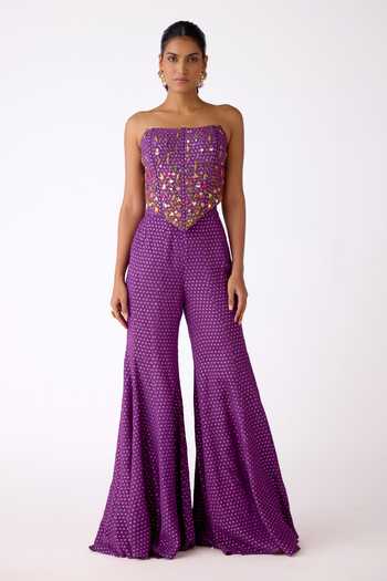Basanti Kapde aur Koffee_Purple Chinon Mirrors Bandeau Neck Embellished Blouse And Sharara Set _Online_at_Aza_Fashions