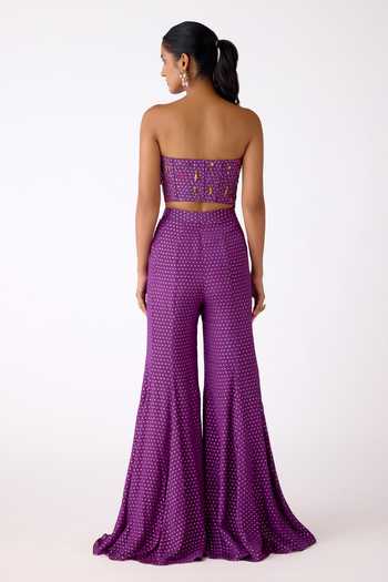 Shop_Basanti Kapde aur Koffee_Purple Chinon Mirrors Bandeau Neck Embellished Blouse And Sharara Set _at_Aza_Fashions