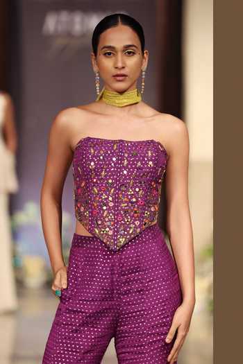 Buy_Basanti Kapde aur Koffee_Purple Chinon Mirrors Bandeau Neck Embellished Blouse And Sharara Set _Online_at_Aza_Fashions