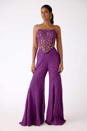 Shop_Basanti Kapde aur Koffee_Purple Chinon Mirrors Bandeau Neck Embellished Blouse And Sharara Set _Online_at_Aza_Fashions