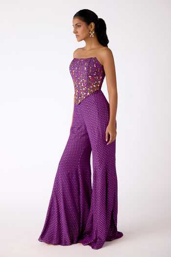 Basanti Kapde aur Koffee_Purple Chinon Mirrors Bandeau Neck Embellished Blouse And Sharara Set _at_Aza_Fashions