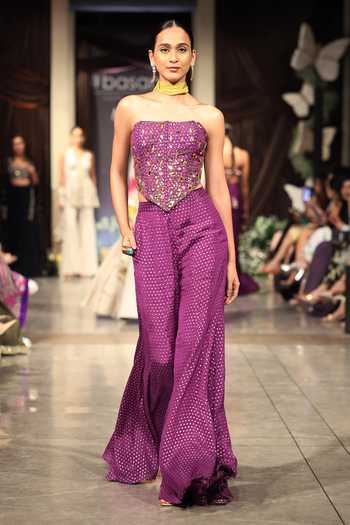 Buy_Basanti Kapde aur Koffee_Purple Chinon Mirrors Bandeau Neck Embellished Blouse And Sharara Set _at_Aza_Fashions