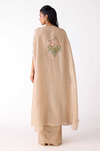 Basanti Kapde aur Koffee_Gold Silk, Lycra Sequins, Stones, Cut Work Embellished Cape And Skirt Set _Online_at_Aza_Fashions