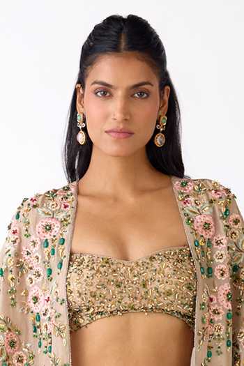 Buy_Basanti Kapde aur Koffee_Gold Silk, Lycra Sequins, Stones, Cut Work Embellished Cape And Skirt Set _Online