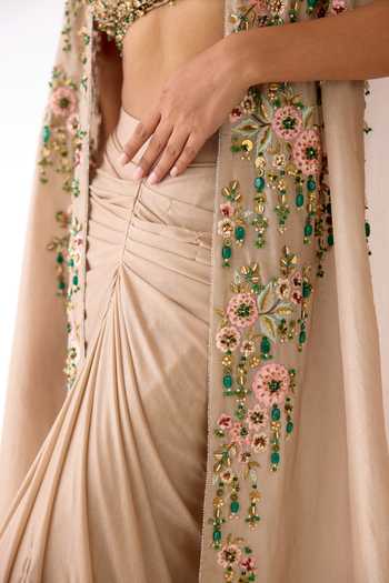 Shop_Basanti Kapde aur Koffee_Gold Silk, Lycra Sequins, Stones, Cut Work Embellished Cape And Skirt Set _Online