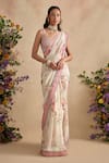 Buy_Kalista_Ivory Georgette, Yuvika Floral Pattern Pre-draped Saree Set _at_Aza_Fashions