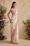 Buy_Kalista_Ivory Georgette, Yuvika Floral Pattern Pre-draped Saree Set _Online_at_Aza_Fashions
