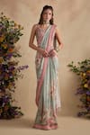 Buy_Kalista_Mint Georgette, Jiveeka Floral Pattern Pre-draped Saree Set _at_Aza_Fashions