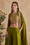 Kalista_Olive Green Organza, Viscose, Silk Embroidery Raiba Pattern Cape Sharara Set _Online_at_Aza_Fashions
