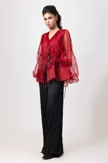 Shop_Label Shristi Chetani_Red Organza Beads, Tassels V-neck Embroidered Placket Top _at_Aza_Fashions