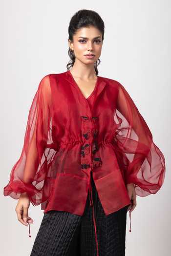 Buy_Label Shristi Chetani_Red Organza Beads, Tassels V-neck Embroidered Placket Top _at_Aza_Fashions