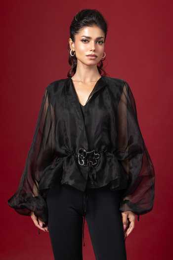 Buy_Label Shristi Chetani_Black Organza Sequins, Beads, Buckles V-neck Sheer Sleeve Top _at_Aza_Fashions