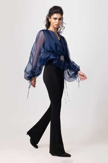 Label Shristi Chetani_Blue Organza Brooches Split V-neck Sheer Sleeve Top  _Online_at_Aza_Fashions