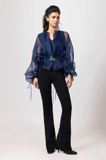 Buy_Label Shristi Chetani_Blue Organza Brooches Split V-neck Sheer Sleeve Top  _Online_at_Aza_Fashions