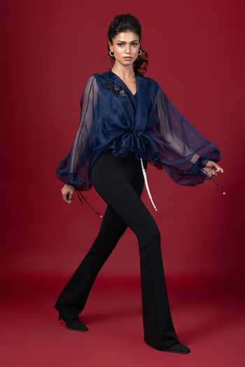 Shop_Label Shristi Chetani_Blue Organza Brooches Split V-neck Sheer Sleeve Top  _at_Aza_Fashions