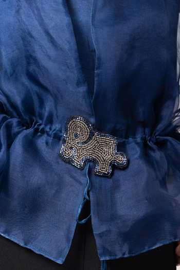 Shop_Label Shristi Chetani_Blue Organza Brooches Split V-neck Sheer Sleeve Top  _Online_at_Aza_Fashions