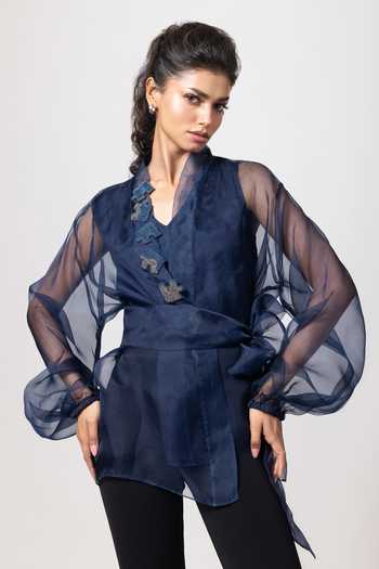 Buy_Label Shristi Chetani_Blue Organza Embroidery V-neck Placket Sheer Top _at_Aza_Fashions