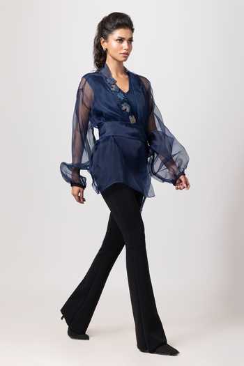Shop_Label Shristi Chetani_Blue Organza Embroidery V-neck Placket Sheer Top _at_Aza_Fashions