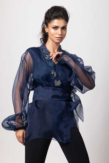 Buy_Label Shristi Chetani_Blue Organza Embroidery V-neck Placket Sheer Top _Online_at_Aza_Fashions