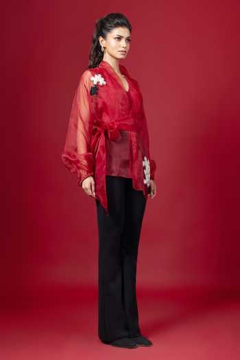 Shop_Label Shristi Chetani_Red Organza Mirrors, Applique V-neck Puzzle Patch Work Sheer Top _at_Aza_Fashions