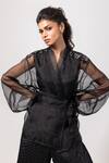 Shop_Label Shristi Chetani_Black Organza Sequins V-neck Sheer Sleeve Top _Online_at_Aza_Fashions