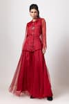 Shop_Label Shristi Chetani_Red Organza Fabric Flowers Collared Sheer Top And Wide Legged Palazzo Set _at_Aza_Fashions
