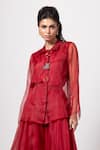 Label Shristi Chetani_Red Organza Fabric Flowers Collared Sheer Top And Wide Legged Palazzo Set _Online_at_Aza_Fashions