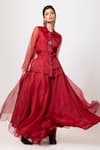 Buy_Label Shristi Chetani_Red Organza Fabric Flowers Collared Sheer Top And Wide Legged Palazzo Set _at_Aza_Fashions