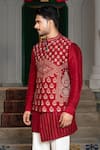 Buy_PAARSH_Red Silk Embroidery, Zari Butti Work Bundi Kurta Set _Online_at_Aza_Fashions