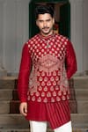 Shop_PAARSH_Red Silk Embroidery, Zari Butti Work Bundi Kurta Set _Online_at_Aza_Fashions