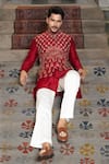 Shop_PAARSH_Red Silk Embroidery, Zari Butti Work Bundi Kurta Set 