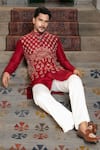 PAARSH_Red Silk Embroidery, Zari Butti Work Bundi Kurta Set _Online