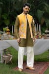 PAARSH_Mustard Silk, Satin, Linen Embroidery, Zari Pitunia Bundi Kurta Set _at_Aza_Fashions