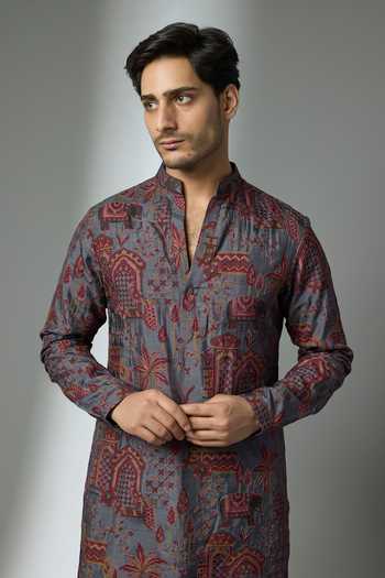 Buy_SALIL BHATIA_Blue Silk, Chanderi Embroidery Thread Embellished Kurta Set _Online_at_Aza_Fashions