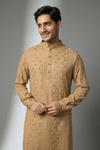 SALIL BHATIA_Gold Georgette, Satin, Modal Embroidery, Sequins Thread Embellished Kurta Set _Online_at_Aza_Fashions