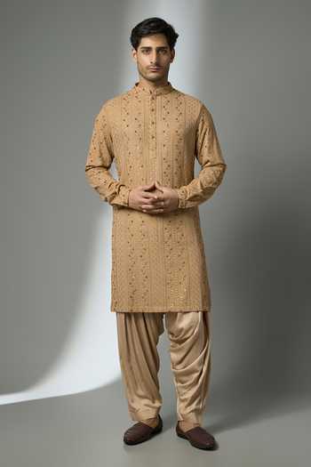 Buy_SALIL BHATIA_Gold Georgette, Satin, Modal Embroidery, Sequins Thread Embellished Kurta Set _at_Aza_Fashions