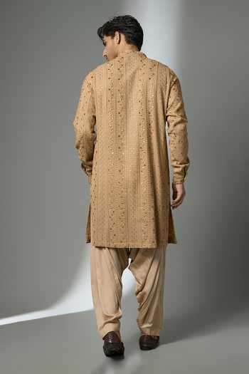 Shop_SALIL BHATIA_Gold Georgette, Satin, Modal Embroidery, Sequins Thread Embellished Kurta Set _at_Aza_Fashions