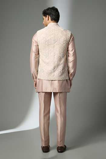 Shop_SALIL BHATIA_Pink Silk, Chanderi Embroidery, Pearls, Zari Embellished Bundi And Kurta Set _at_Aza_Fashions