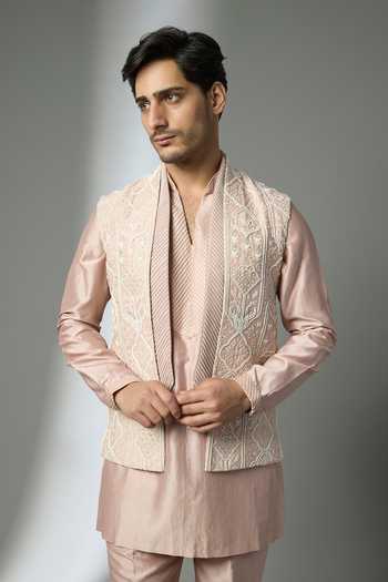 Buy_SALIL BHATIA_Pink Silk, Chanderi Embroidery, Pearls, Zari Embellished Bundi And Kurta Set _Online_at_Aza_Fashions
