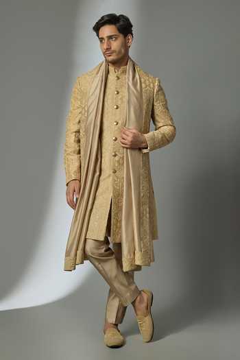 Buy_SALIL BHATIA_Gold Silk, Chanderi Embroidery, Zari Sherwani Set _at_Aza_Fashions