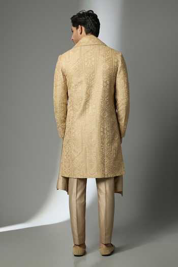 Shop_SALIL BHATIA_Gold Silk, Chanderi Embroidery, Zari Sherwani Set _at_Aza_Fashions